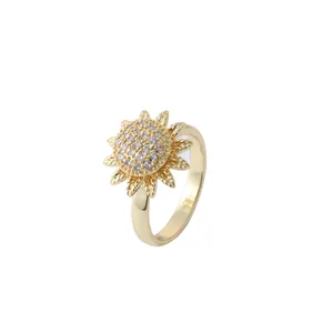 Golden sunflower ring featuring sparkling zircon micro-pave and detailed petals