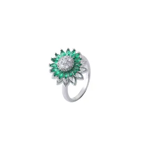 Silver sunflower ring with sparkling green marquise gemstones and zircon center petals