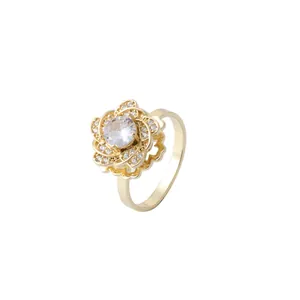 Elegant gold flower ring for women with rotating petals and sparkling micro-pave zircons