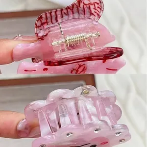 Pink marble texture acetate hair claw clip with silver rhinestones for women