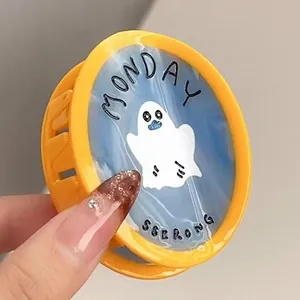 Pince à cheveux ronde d'Halloween en acétate avec fantôme et motif marbré bleu