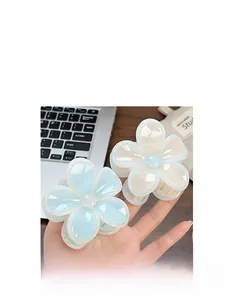 Dettaglio macro della molletta per capelli a fiore di frangipane in bianco e azzurro