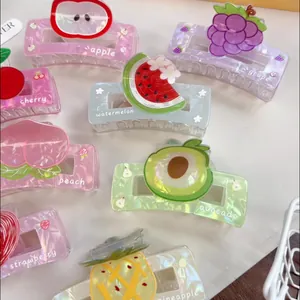 Women Sweet Fresh Fruit Theme Acrylic Hair Claw Clip Apple Grape Watermelon Avocado Peach Pineapple Shark Clip Hair Accessories