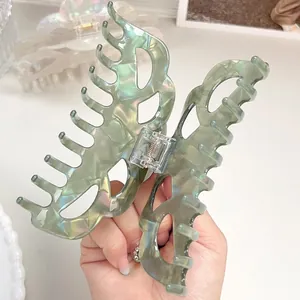French style hollow butterfly hair claw clip in iridescent marble green finish