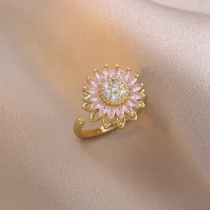 Bague tournesol dorée réglable avec cristaux marquise roses et pavé central