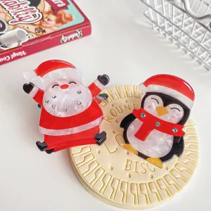 Pinces à Cheveux Mignonnes de Noël Père Noël Manchot en Acrylique Strass Manuel Pinces à Cheveux Requin pour Femmes Filles Bijoux
