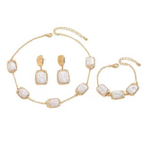 Elegant vintage jewelry set with geometric pearl necklace, bracelet and earrings