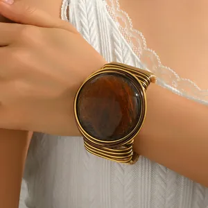 Bracelet Manchette Large Vintage Boho pour Femme Alliage de Zinc Plaqué Or Fil Enroulé Pierre Gemme Brune Synthétique Bijoux Ethniques
