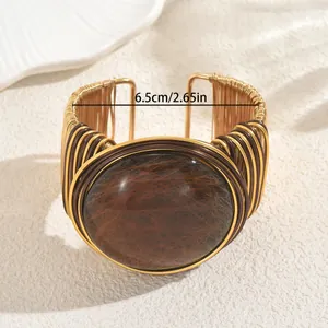Bracelet jonc bohème tressé en fil doré avec grande pierre marron, diamètre 6,5 cm