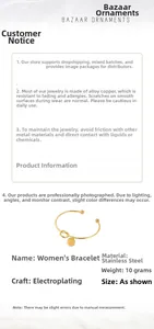 Detailed specs of a 10g gold-plated stainless steel bangle with letter A pendant