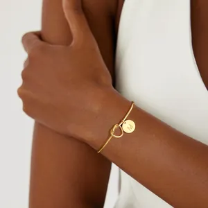 Stainless Steel Knot Bangle Bracelet With Round Initial Letter Pendant Gold Plated Adjustable Open Bangle For Women Jewelry