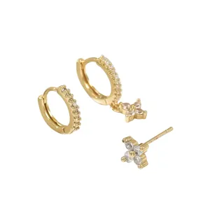 Minimalist gold plated three-piece jewelry set with flower studs and zircon hoop earrings