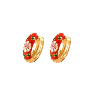 Elegant gold-plated flower hoop earrings with red enamel and white daisy floral patterns