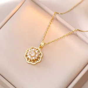 Rotating Flower Pendant Necklace Stainless Steel Zircon Artificial Pearl Gold Silver Cable Chain For Women Fashion Jewelry