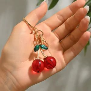 Cute Cherry Design Resin Zinc Alloy Keychain With Zirconia Leaf For Women Bag Charm Decoration Gold Plated Fruit Jewelry