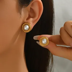 Vintage Alloy Pearl Stud Earrings For Women Gold Plated Geometric Metal Circle Shell Floral French Style Fashion Jewelry