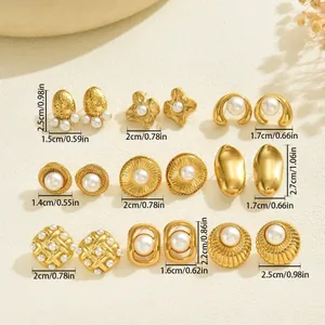 9-piece gold geometric earring set with pearls and textured designs for women