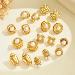 Elegant 8-pair set of vintage gold geometric earrings with pearls for a stylish look