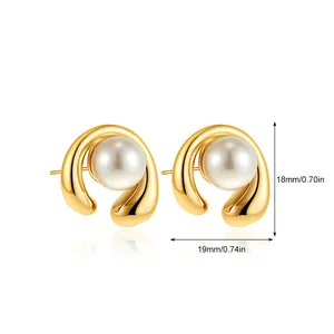 Detailed dimension view of gold geometric hoop earrings with pearls, 18mm by 19mm size
