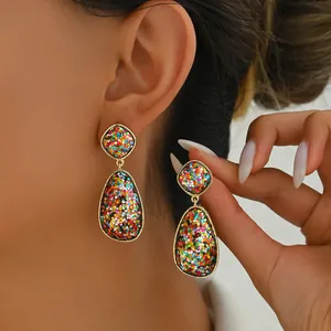 Elegant geometric drop earrings with gold frame and colorful glitter inlay for women