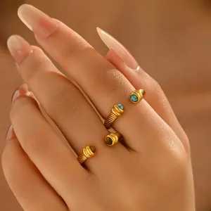 Vintage Zinklegierung Gedrehtes Kabel Offener Ring Türkis Tigerauge Böhmisch Vergoldet Verstellbarer Fingerring Damen Schmuck