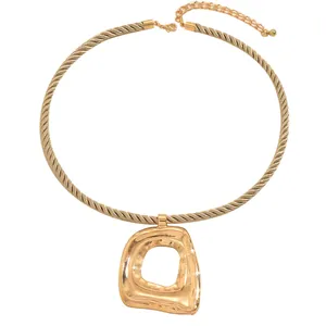 Women's gold chunky braided rope necklace with irregular geometric hollow pendant