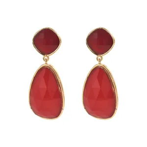 Geometric gold-plated earrings with red square studs and faceted teardrop pendants