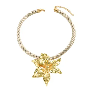 Statement champagne cord necklace with large gold 3D flower pendant for women