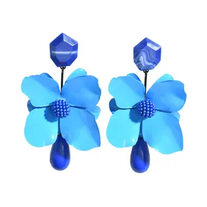 Elegant blue flower drop earrings with geometric marble hexagon and teardrop pendant
