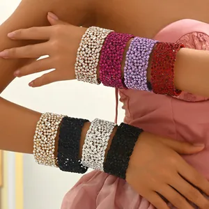 Luxueux Bracelet Élastique Large en Alliage de Zinc avec Strass pour Femmes Étincelant Géométrique Fête Banquet Bijoux