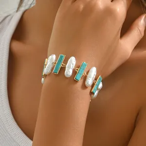 Boho Barockperle Türkis Armband Für Damen Vintage Vergoldetes Zinklegierung Geometrisches Gliederkettenarmband Schmuck Geschenk