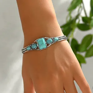 Retro bohemian adjustable silver cuff bracelet with geometric turquoise stone inlay