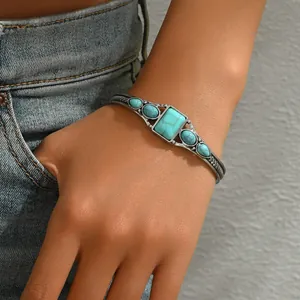 Vintage Zinc Alloy Turquoise Inlaid Open Cuff Bracelet Adjustable Bohemian Style Silver Plated Geometric Bangle For Women
