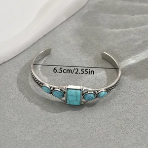 Retro adjustable silver cuff bracelet with geometric turquoise stone inlays