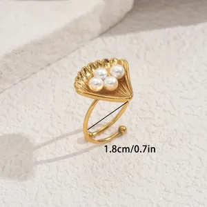Minimalist gold shell ring with white pearls and 1.8cm adjustable open band