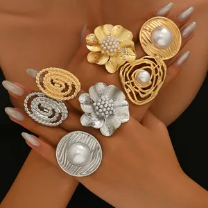 Vintage Geometric Flower Open Rings For Women Copper Artificial Pearl Inlaid Ripple Texture Gold Silver Bohemian Finger Jewelry