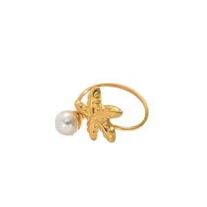 Adjustable golden starfish ring with pearl accent for women beach accessories