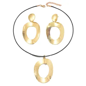 Brushed gold geometric oval pendant necklace and earrings jewelry set for women