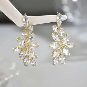 Elegant gold-tone leaf drop earrings with marquise-cut cubic zirconia for formal wear