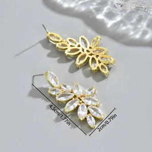 Luxurious leaf-shaped drop earrings featuring full-set sparkling zircons in a gold finish