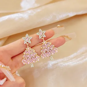 Orecchini a albero di Natale con strass rosa e design con nappine scintillanti