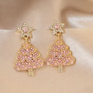 Orecchini a goccia ad albero di Natale con strass rosa e finitura dorata su seta champagne