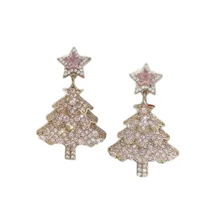 Orecchini ad albero di Natale con strass rosa, stella e nappe a frangia