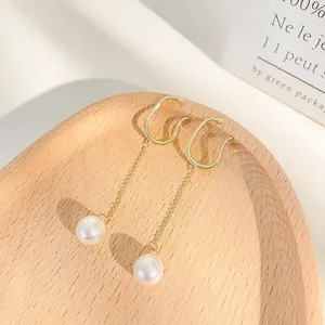 French Elegant Minimalist Synthetic Pearl Long Chain Ear Cuffs For Women Gold Silver Plated Non-Pierced Earrings Wedding Jewelry