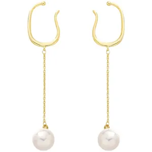 Elegant gold U-shaped ear cuffs with long hanging chains and white round pearls