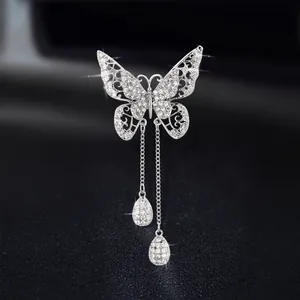 Elegant Butterfly Tassel Brooch With Sparkling Zirconia Hollow Out Design Water Drop Pendant Alloy Jewelry For Women Party