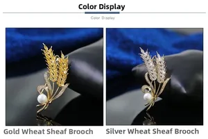 Dettaglio di spillette a spiga di grano in oro e argento con zirconi e perle bianche