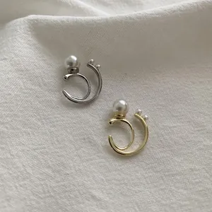 Minimalist double layer metal ear cuffs with white pearls in gold and silver finishes