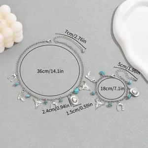 Bohemian silver necklace and bracelet set with bull head and turquoise horse shoe charms