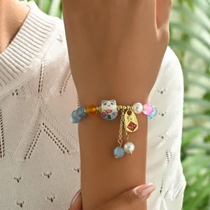 Chinesischer Stil Glückskatze Perlenarmband Für Damen Kristall Keramik Perlen Vergoldet Legierung Fu Anhänger Quaste Schmuck
